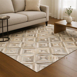 Handmade Cowhide Patchwork Rug: Geometric Hair-On Leather Carpet - Alef home