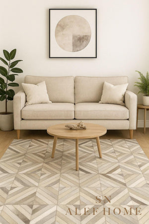 Handmade Cowhide Patchwork Rug: Geometric Hair-On Leather Carpet - Alef home