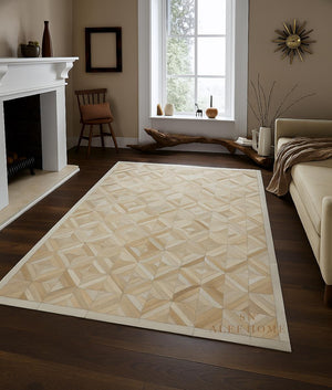 Geometric Cowhide Patchwork Rug: Beige Hair-On Leather, Handmade - Alef home
