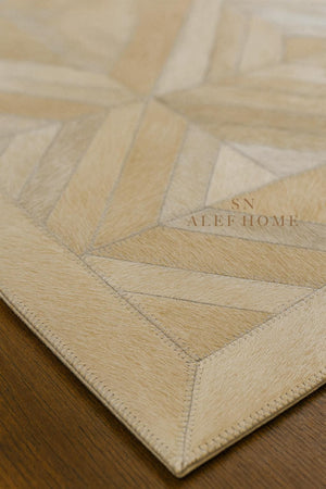 Geometric Cowhide Patchwork Rug: Beige Hair-On Leather, Handmade - Alef home