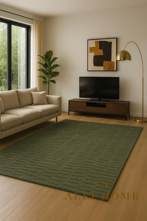 Hand-Tufted Green Wool Rug: Modern High-Low Cut & Loop Design - Alef home