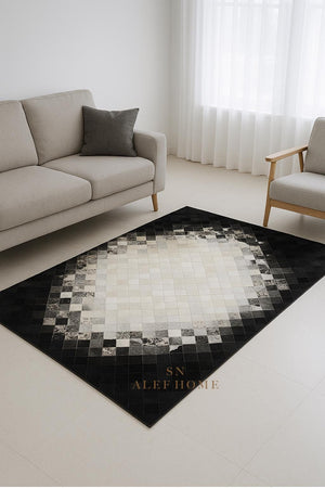 Black and White Cowhide Patchwork Rug: Handmade Hair-On Leather - Alef home