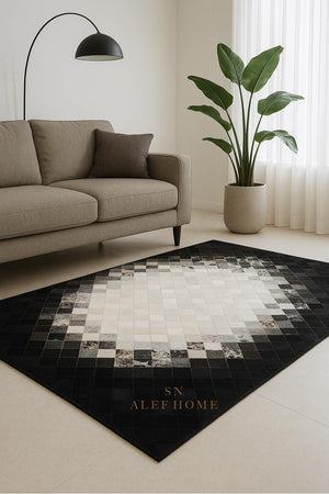 Black and White Cowhide Patchwork Rug: Handmade Hair-On Leather - Alef home