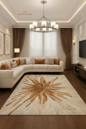 Cowhide Patchwork Area Rug: Natural Brown & White Hair-On Leather - Alef home