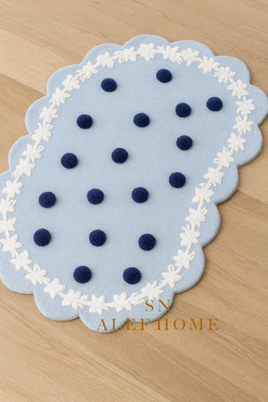 Handmade Pastel Blue Polka Dot Rug: Wool Blend Scalloped Carpet - Alef home