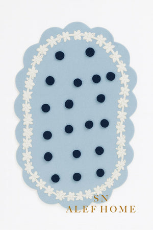 Handmade Pastel Blue Polka Dot Rug: Wool Blend Scalloped Carpet - Alef home