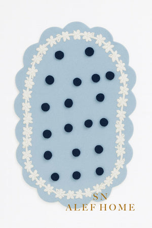 Handmade Pastel Blue Polka Dot Rug: Wool Blend Scalloped Carpet - Alef home