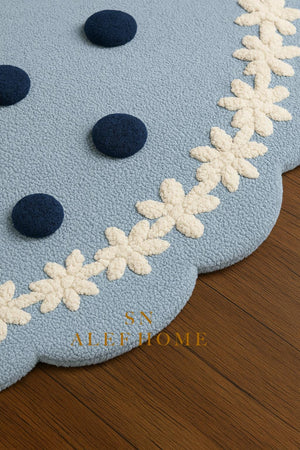 Handmade Pastel Blue Polka Dot Rug: Wool Blend Scalloped Carpet - Alef home