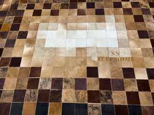 Handmade Cowhide Patchwork Rug: Gradient Brown & Beige Leather Carpet