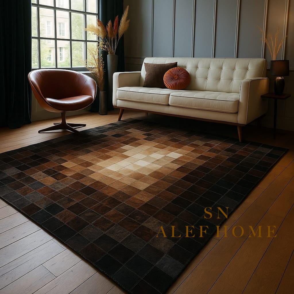 Handmade Cowhide Patchwork Rug: Gradient Brown & Beige Leather Carpet - Alef home