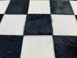 Handmade Cowhide Checkerboard Rug: Black & White Hair-On Leather Carpet - Alef home