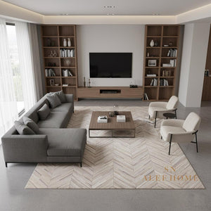 Handmade Beige Chevron Cowhide Rug 8x10: Modern Leather Patchwork Carpet - Alef home