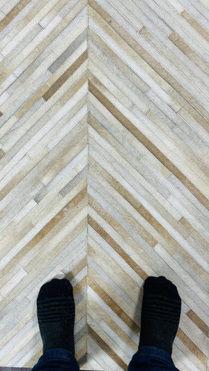 Handmade Beige Chevron Cowhide Area Rug : Modern Patchwork Leather Carpet For Home - Alef home