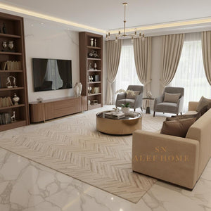 Beige Cowhide Chevron Rug 8x10: Hair-On Leather Patchwork Carpet - Alef home