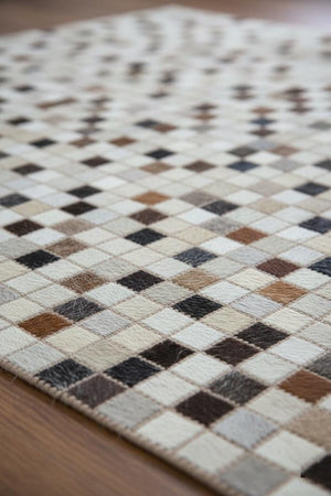 Multi Checkerboard Cowhide Rug – Handmade Hair-On Leather Patchwork Carpet for Modern Home Décor - Alef home