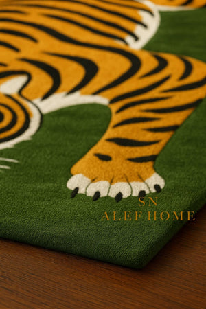 Handmade Wool Tiger Rug: Green Statement Carpet, Luxury Living - Alef home