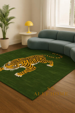 Handmade Wool Tiger Rug: Green Statement Carpet, Luxury Living - Alef home