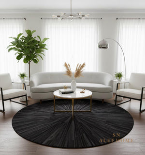 Handmade Black Cowhide Patchwork Rug: Hair-On Leather Carpet - Alef home