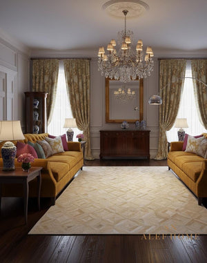 Geometric Cowhide Patchwork Rug: Beige Hair-On Leather, Handmade - Alef home