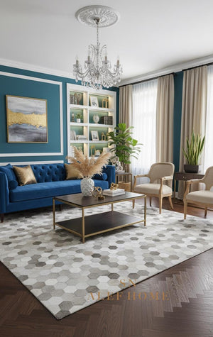 Hexagon Cowhide Patchwork Rug – Handmade Modern Hair-On Leather Geometric Carpet for Home Décor