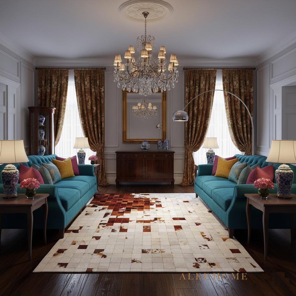 Geometric Mosaic Cowhide Rug – Rustic Handmade Hair-On Leather Patchwork Carpet for Home Décor - Alef home