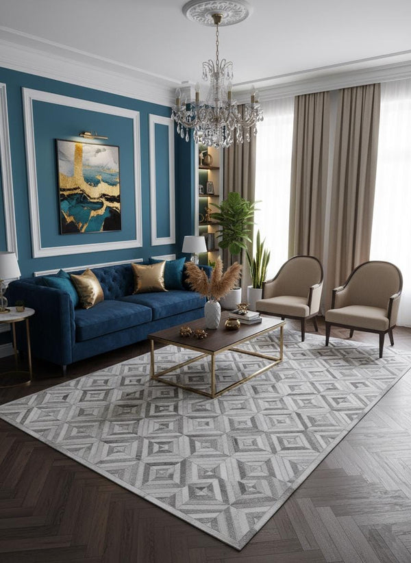 Handmade Grey Cowhide Patchwork Rug: Geometric Hair-On Leather - Alef home