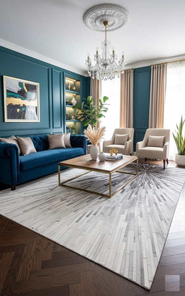 Handmade Starburst Cowhide Rug – Modern Geometric Hair-On Leather Patchwork Carpet for Home - Alef home