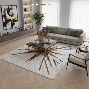 Cowhide Patchwork Area Rug: Natural Brown & White Hair-On Leather - Alef home