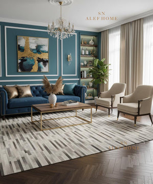 Grey Cowhide Patchwork Rug – Handmade Hair-On Striped Leather Carpet for Home - Alef home
