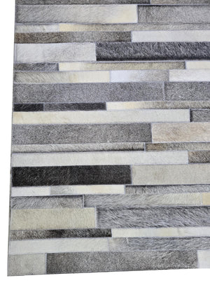 Grey Cowhide Patchwork Rug: Handmade Hair-On Leather Striped Carpet For Home - Alef home
