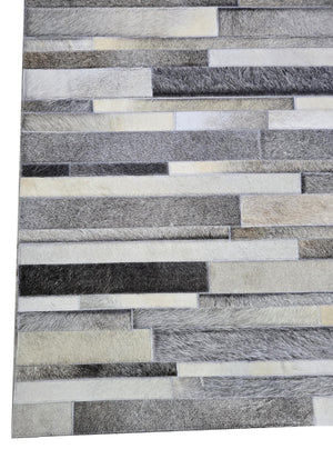 Grey Cowhide Patchwork Rug – Handmade Hair-On Striped Leather Carpet for Home - Alef home