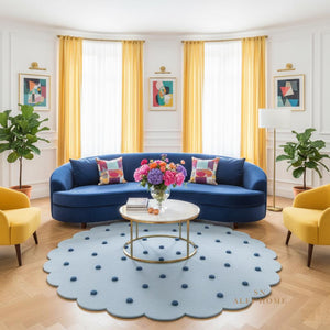 Handmade Wool Nursery Rug: Pastel Blue Polka Dot Scalloped Carpet - Alef home