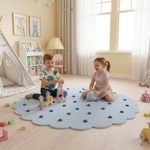 Handmade Wool Nursery Rug: Pastel Blue Polka Dot Scalloped Carpet - Alef home