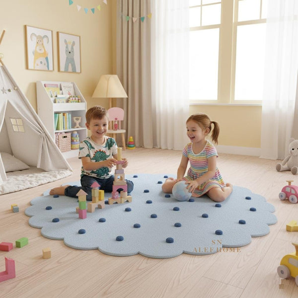 Handmade Wool Nursery Rug: Pastel Blue Polka Dot Scalloped Carpet - Alef home
