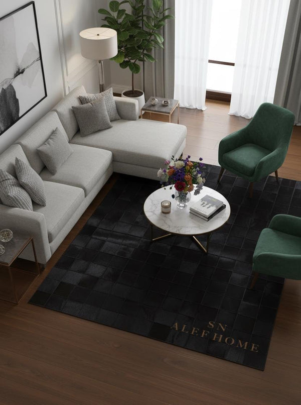 Black Cowhide Checkerboard Rug: Handmade Hair-On Leather Patchwork Carpet - Alef home