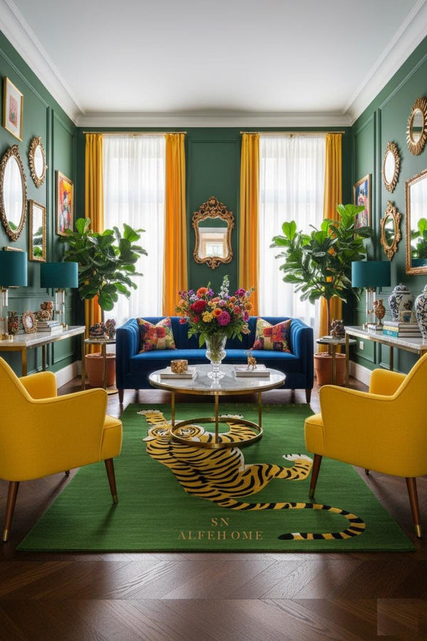 Handmade Wool Tiger Rug: Green Statement Carpet, Luxury Living - Alef home
