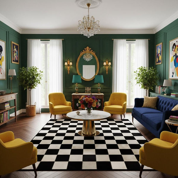 Handmade Cowhide Checkerboard Rug: Black & White Hair-On Leather Carpet - Alef home