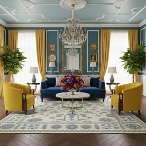 Hand-Tufted Wool Oushak Rug: Blue, Green & Cream Floral Carpet