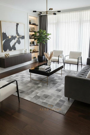 Handmade Gray Cowhide Patchwork Rug - Modern Hair-On Leather Carpet