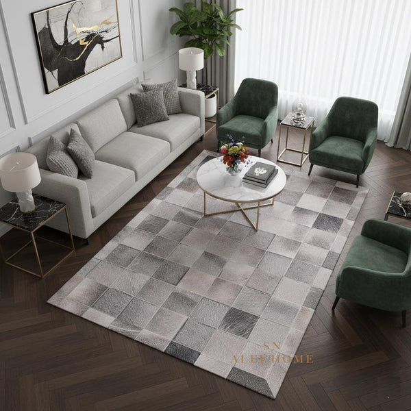 Handmade Gray Cowhide Patchwork Rug - Modern Hair-On Leather Carpet - Alef home