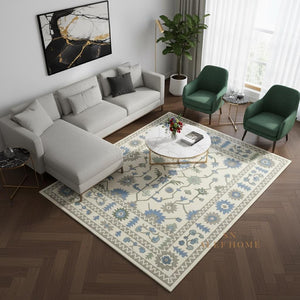 Hand-Tufted Wool Oushak Rug: Blue, Green & Cream Floral Carpet - Alef home