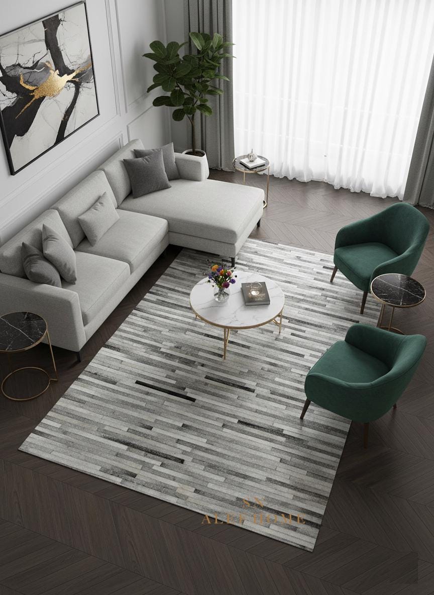 Modern Striped Cowhide Rug – Handmade Hair-On Leather Patchwork Carpet for Living Room Décor - Alef home