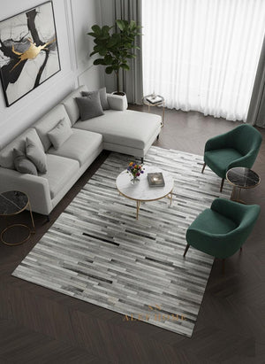 Modern Striped Cowhide Rug – Handmade Hair-On Leather Patchwork Carpet for Living Room Décor