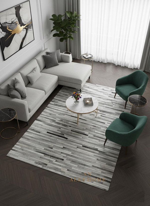 Modern Striped Cowhide Rug – Handmade Hair-On Leather Patchwork Carpet for Living Room Décor