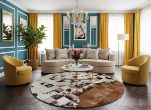 Handmade Cowhide Patchwork Rug: Round Leather Carpet for Rustic Decor - Alef home