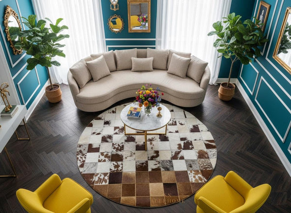 Handmade Cowhide Patchwork Rug: Round Leather Carpet for Rustic Decor - Alef home