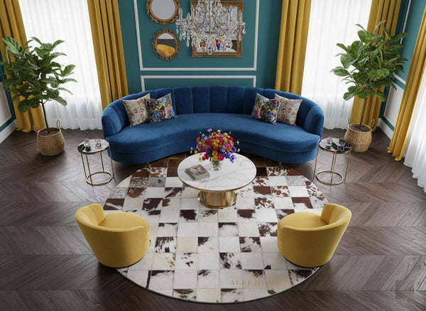 Handmade Cowhide Patchwork Rug: Round Leather Carpet for Rustic Decor - Alef home