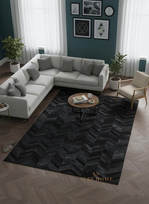 Black Chevron Cowhide Rug – Handmade Hair-On Leather Patchwork Carpet for Modern Living Room Decor - Alef home