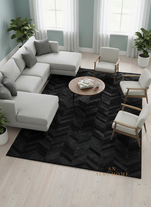 Black Chevron Cowhide Rug – Handmade Hair-On Leather Patchwork Carpet for Home - Alef home