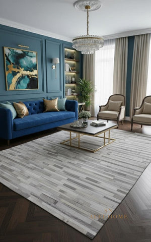 Grey Cowhide Patchwork Area Rug – Handmade Hair-On Leather Carpet for Modern Home Room Decor - Alef home